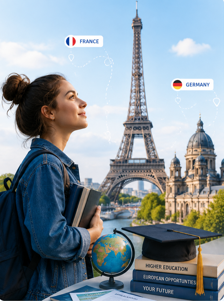 Student looking up at the Eiffel Tower and a European cathedral, with France and Germany location markers, books, a globe and a graduation cap in the foreground