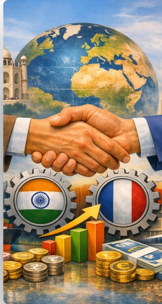 Handshake between Indian and French business partners, set against the Taj Mahal and a globe centred on India and Europe